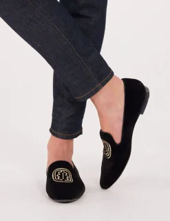 Discount Ines de la Fressange Paris Black velvet embroidered slipper