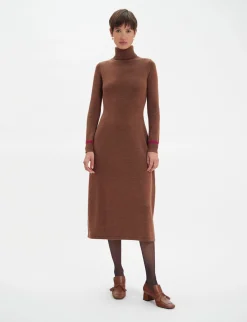 Best Ines de la Fressange Paris Divine brown turtleneck dress with fuchsia trim
