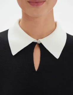 Outlet Ines de la Fressange Paris Gabby dress in black merino wool, white cuffs