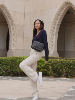 Cheap Ines de la Fressange Paris Marcia bag in black leather with tricolour trim